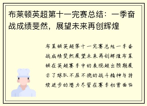 布莱顿英超第十一完赛总结:一季奋战成绩斐然,展望未来再创辉煌 布莱顿英超第十一完赛总结:一季奋战成绩斐然,展望未来再创辉煌